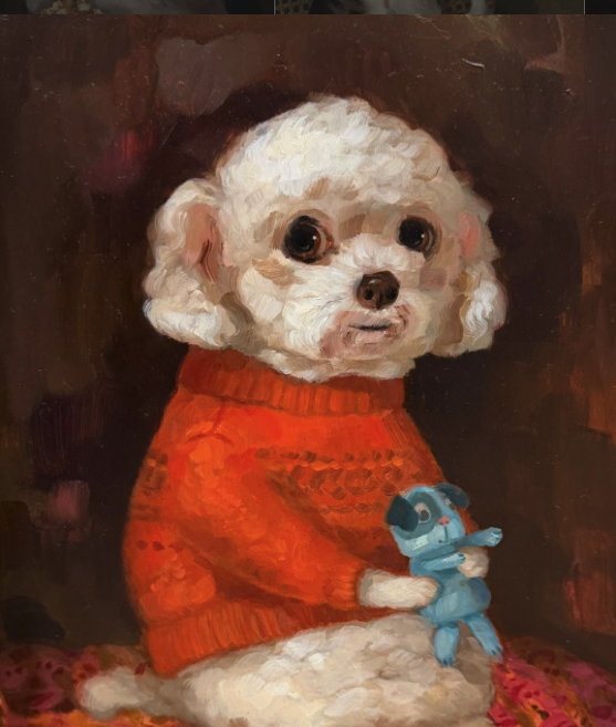 Painted portrait of a white dog wearing a red sweater