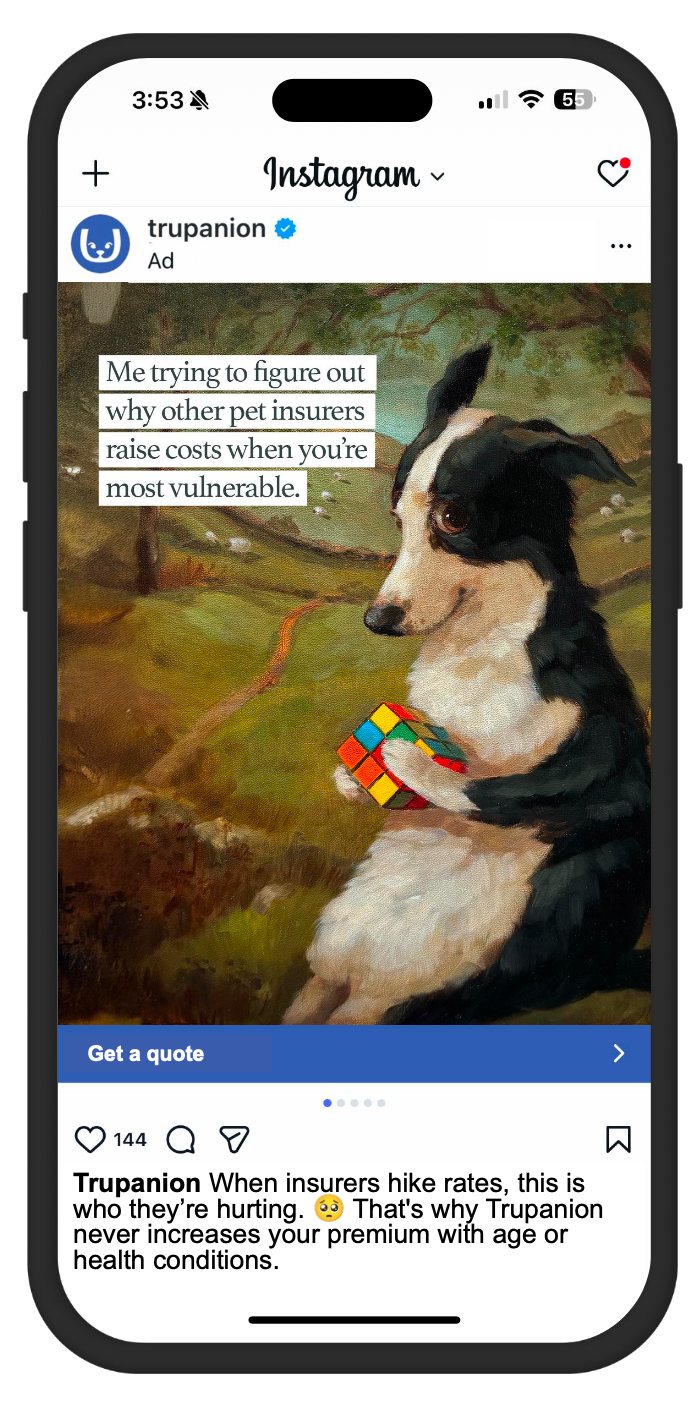 Trupanion Instagram carousel phone mockup featuring a dog with a puzzle cube