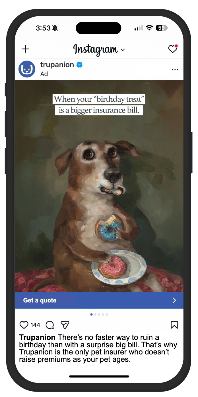 Trupanion Instagram carousel phone mockup featuring a dog with birthday treats