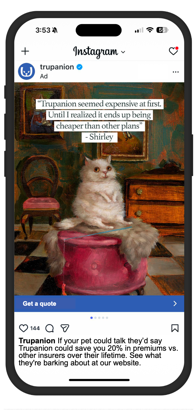 Trupanion Instagram carousel phone mockup featuring a white cat