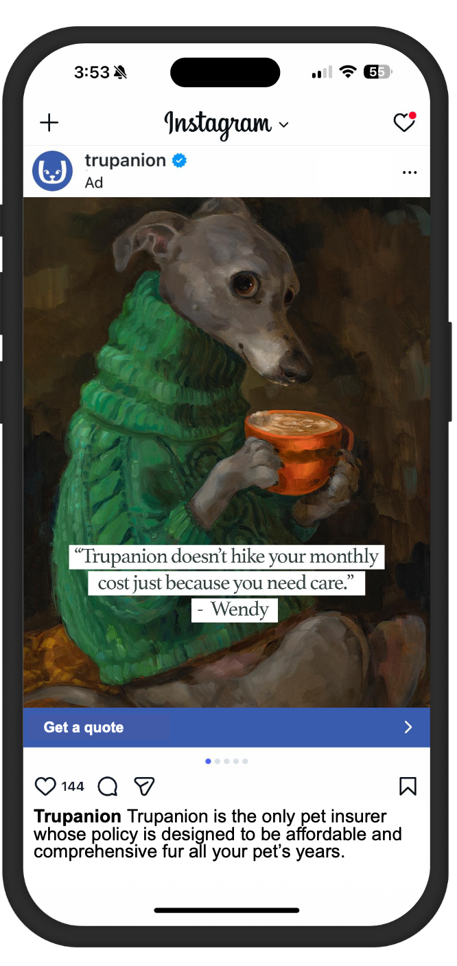 Trupanion Instagram carousel phone mockup featuring a dog in a green sweater